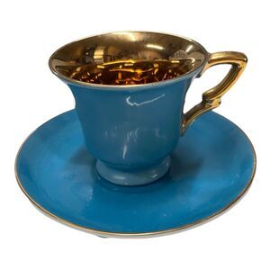 Lefton China hand painted cup and saucer Aqua blue with gold inlay ￼1643 Guilt